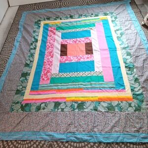 VTG  70's Crazy Multi-Color Quilt Top Unfinished Fabric 93X76 Craft Boho Cottage